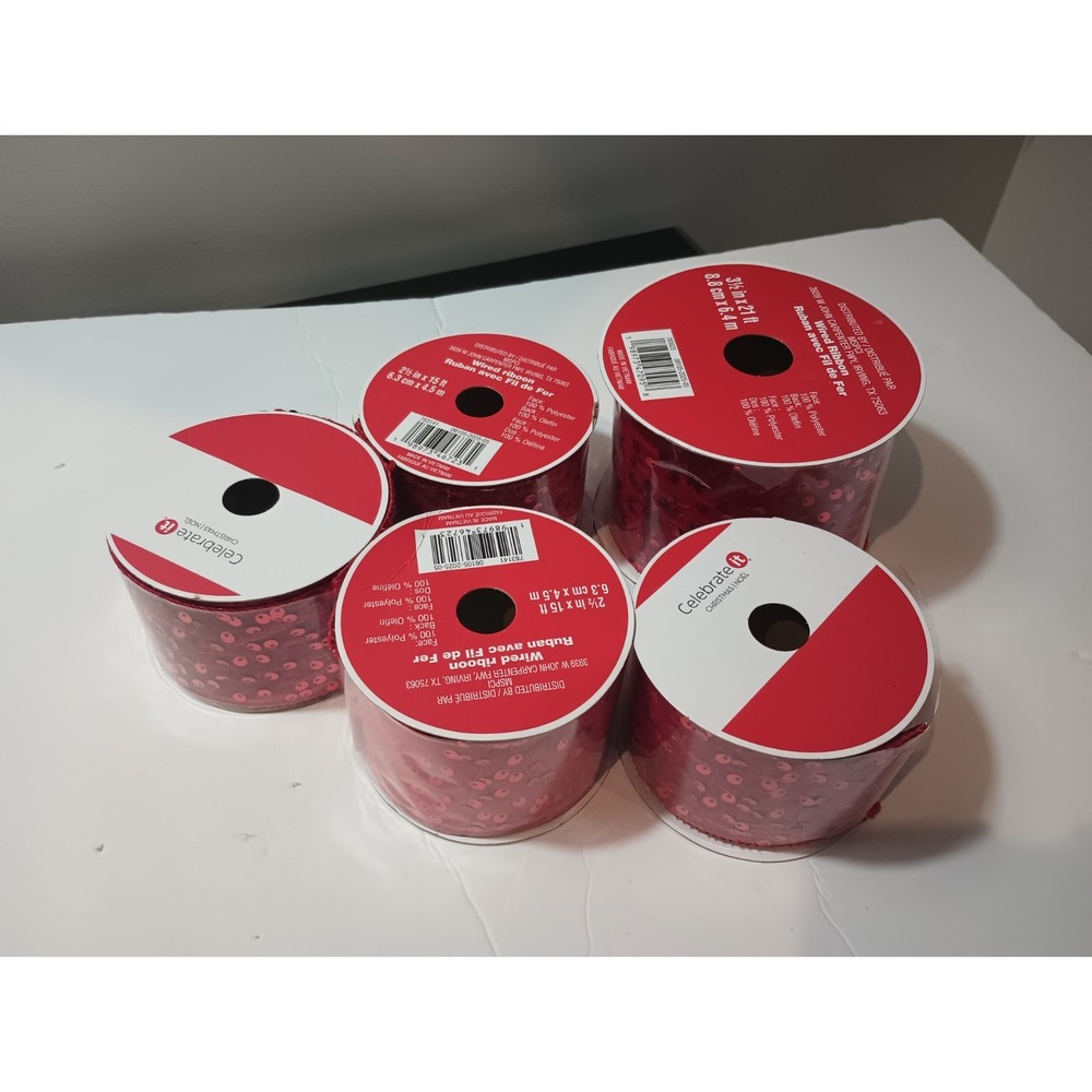 Lot of 5 Celebrate It Red Sequin Wired Ribbon Christmas Holiday Craft Bows Lot